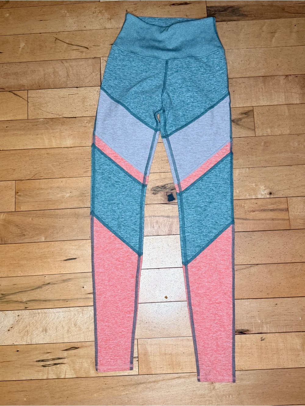 ALO Yoga Colorblock Leggings — Teal, Gray & Coral Pink